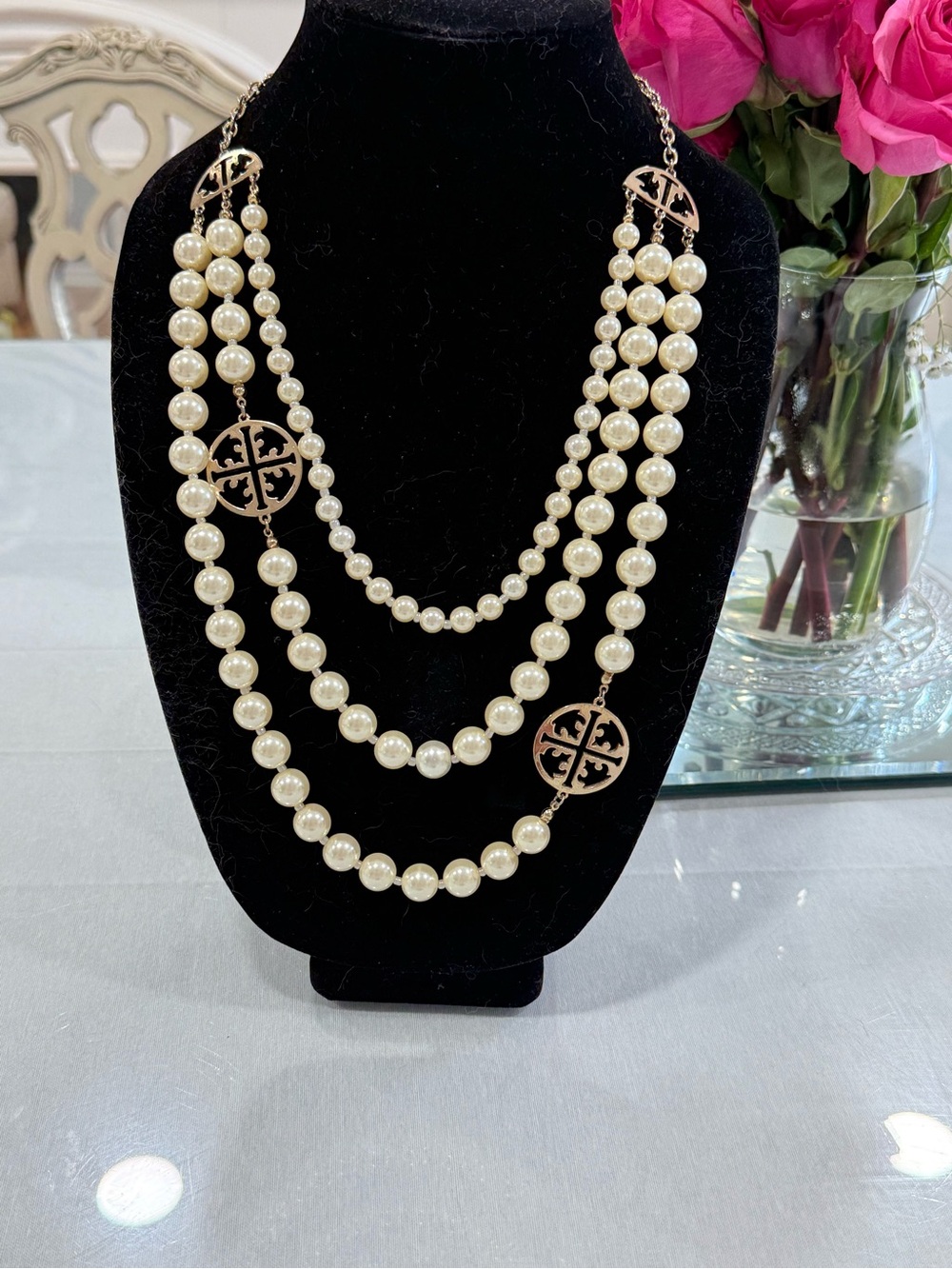 SOLD Tory Burch faux Pearl Multi-Strand Necklace with Gold Accents